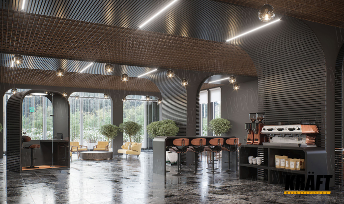 Sufit, który kształtuje przestrzeń – nowoczesne rozwiązania KRAFT w aranżacji wnętrz komercyjnych